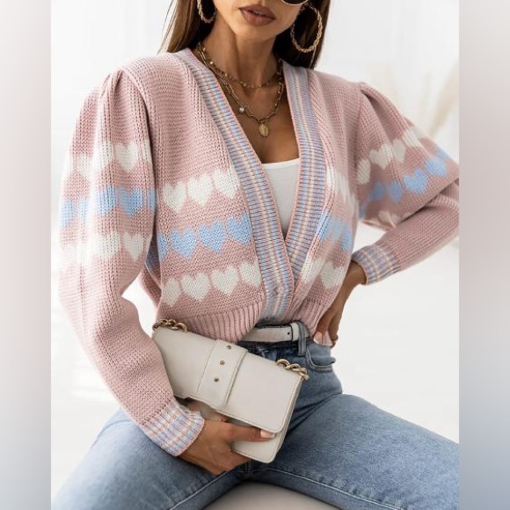 Chicme Pink, Heart Pattern Long-Sleeve Crop, Knit Cardigan